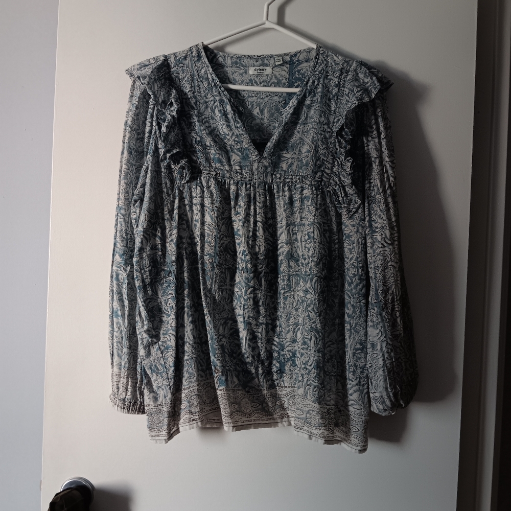 DYLAN Indian Cotton Ruffle Shoulder blue Print Blouse M